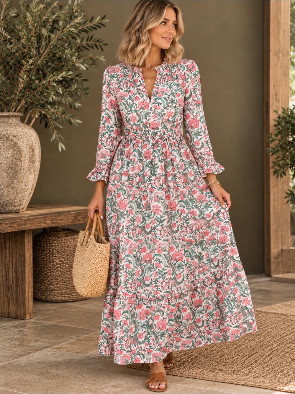 Pink City Prints Floral Maxi Dress XXL Pink Green Ruffle Boho #1011